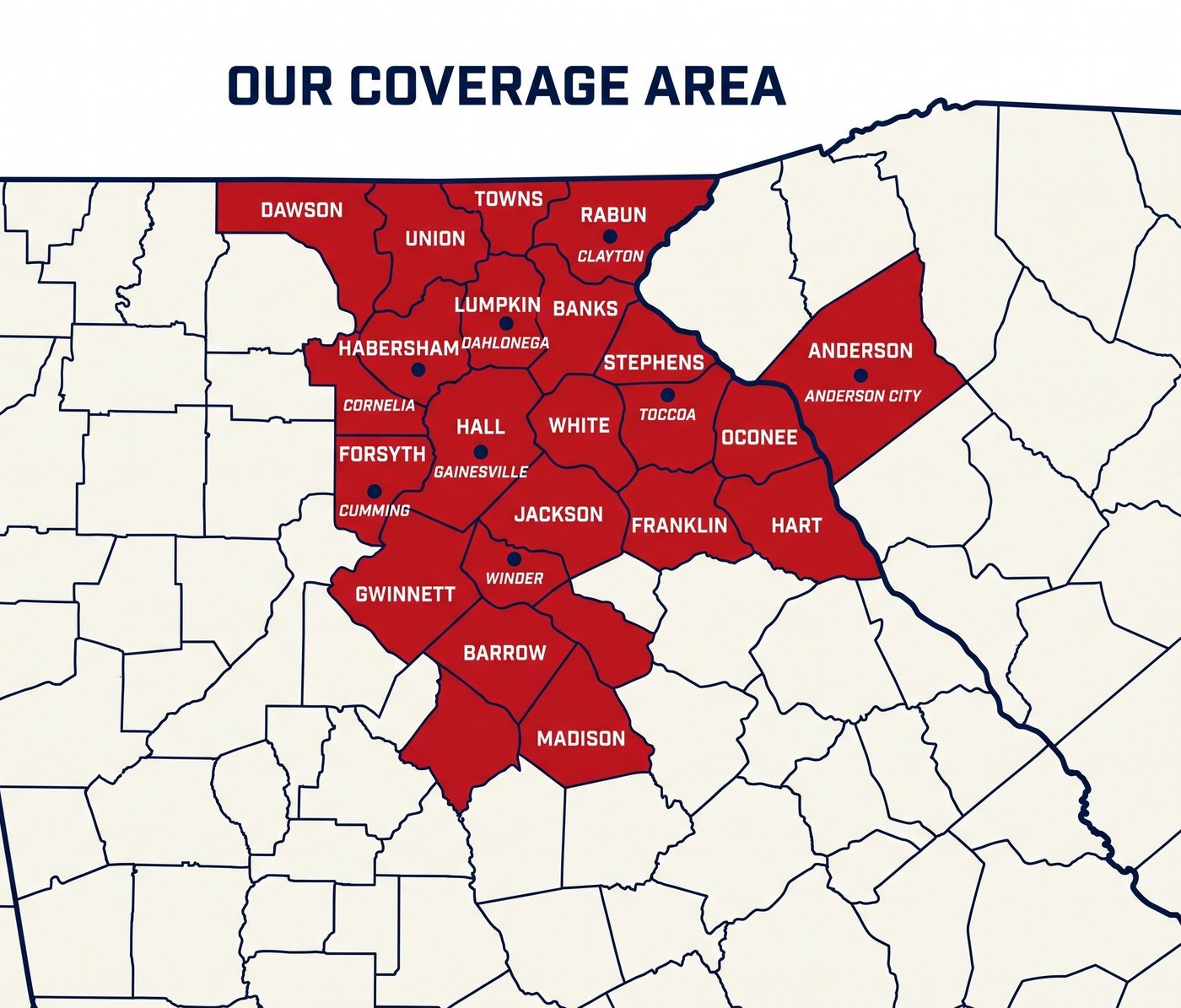 Map of Mitigation Nation’s coverage area — 17 counties in Northeast Georgia and 2 counties in the SC Upstate